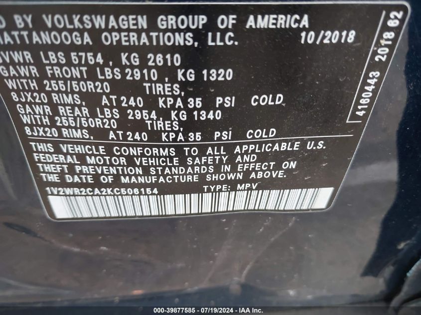 1V2WR2CA2KC506154 2019 Volkswagen Atlas 3.6L V6 Se W/Technology