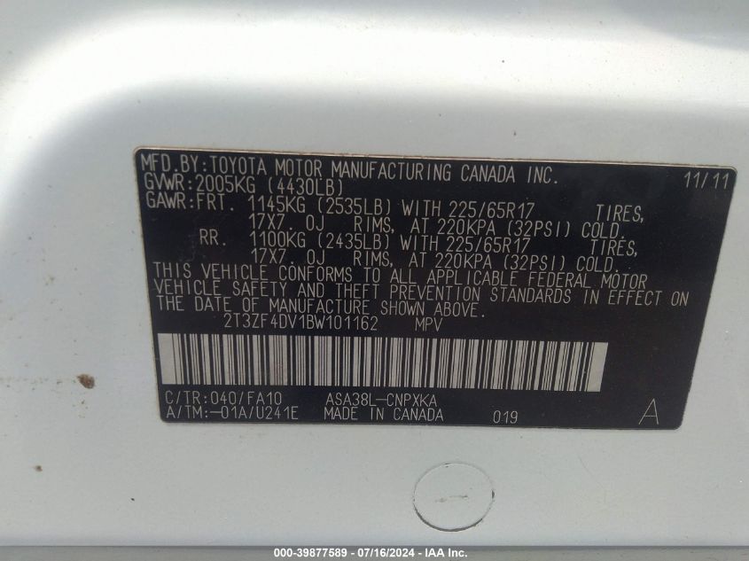 2011 Toyota Rav4 VIN: 2T3ZF4DV1BW101162 Lot: 39877589