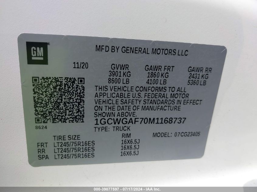 2021 Chevrolet Express G2500 VIN: 1GCWGAF70M1168737 Lot: 39877597