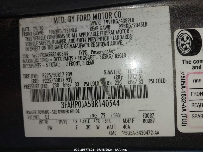 2011 Ford Fusion Sel VIN: 3FAHP0JA5BR140544 Lot: 39877603