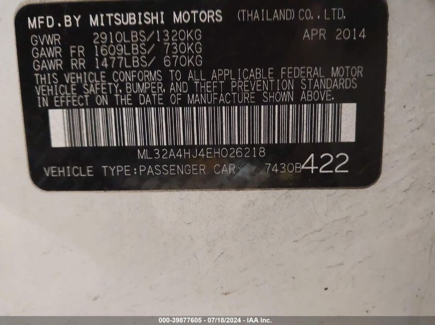 2014 Mitsubishi Mirage Es VIN: ML32A4HJ4EH026218 Lot: 39877605