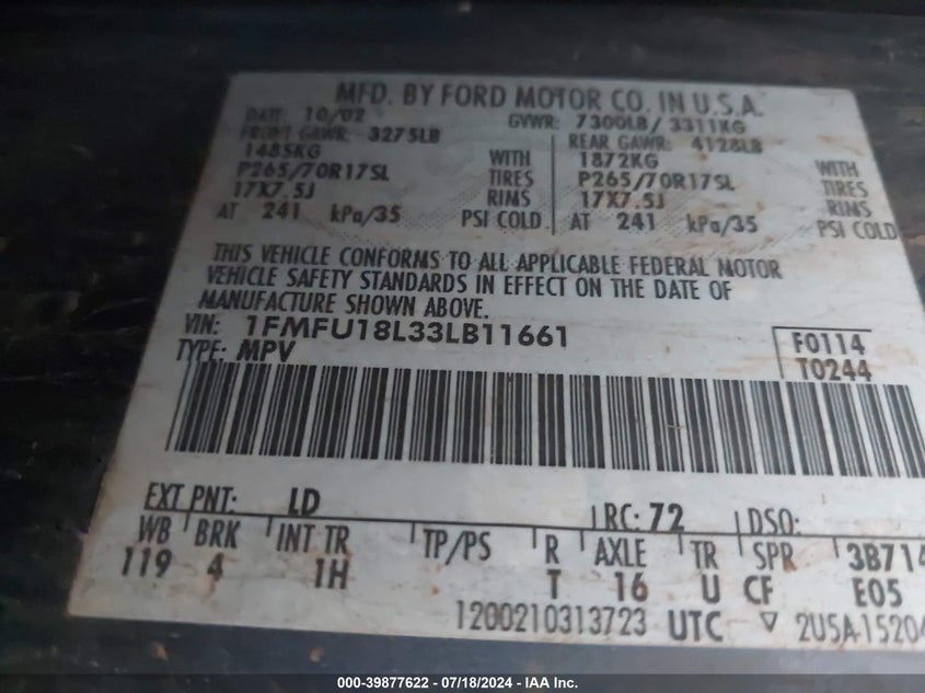 2003 Ford Expedition Eddie Bauer VIN: 1FMFU18L33LB11661 Lot: 39877622