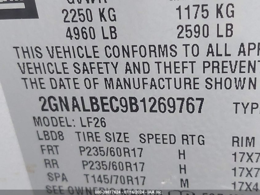 2011 Chevrolet Equinox Ls VIN: 2GNALBEC9B1269767 Lot: 39877624