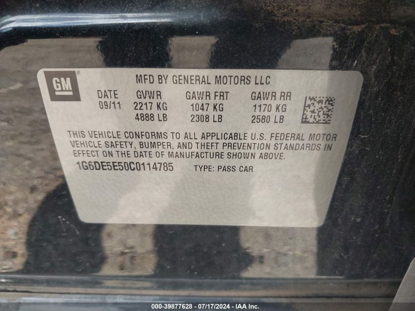 2012 Cadillac Cts Luxury VIN: 1G6DE5E50C0114785 Lot: 39877628