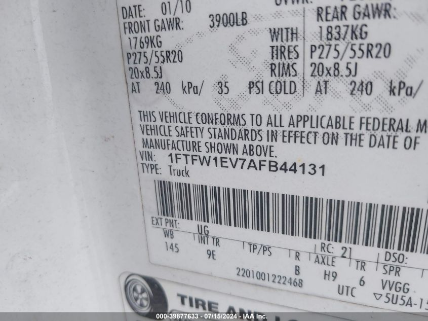 2010 Ford F-150 Fx4/Harley-Davidson/King Ranch/Lariat/Platinum/Xl/Xlt VIN: 1FTFW1EV7AFB44131 Lot: 39877633
