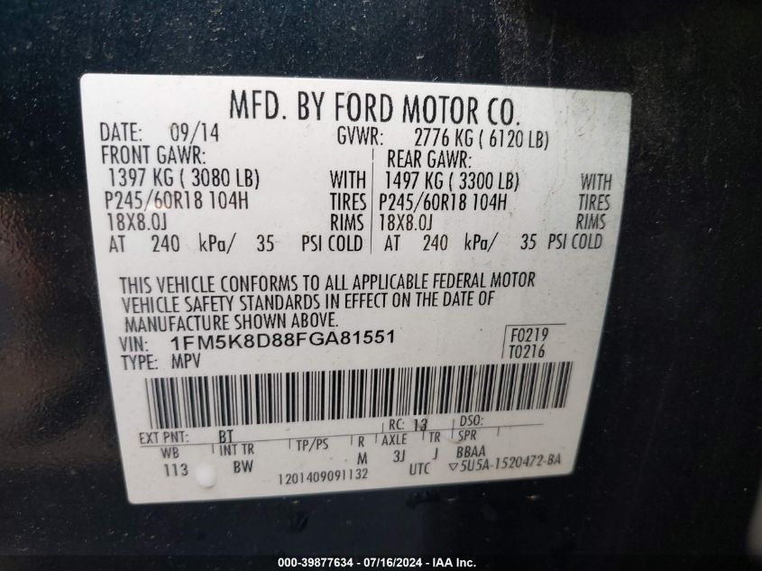 2015 Ford Explorer Xlt VIN: 1FM5K8D88FGA81551 Lot: 39877634