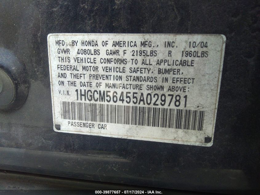 2005 Honda Accord Lx VIN: 1HGCM56455A029781 Lot: 39877657