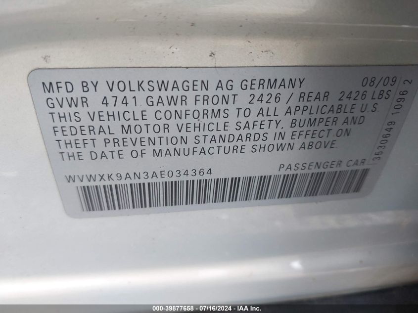 WVWXK9AN3AE034364 2010 Volkswagen Passat Komfort