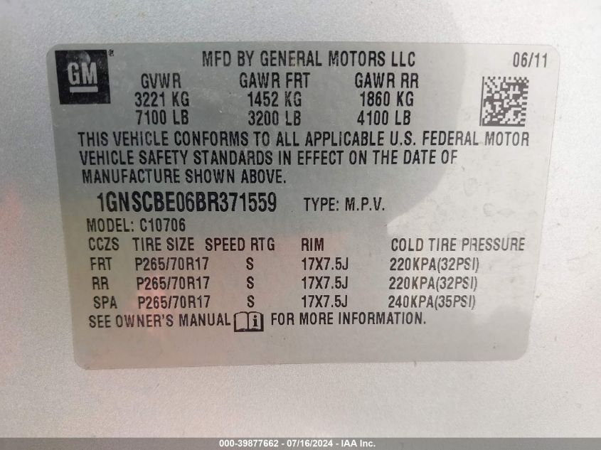 2011 Chevrolet Tahoe Lt VIN: 1GNSCBE06BR371559 Lot: 39877662