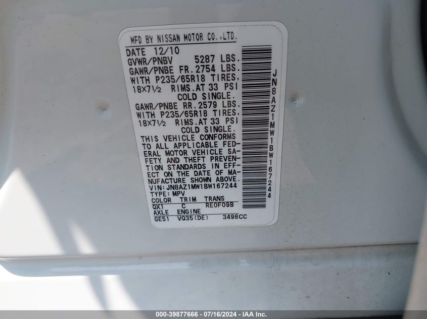 2011 Nissan Murano Sl VIN: JN8AZ1MW1BW167244 Lot: 39877666