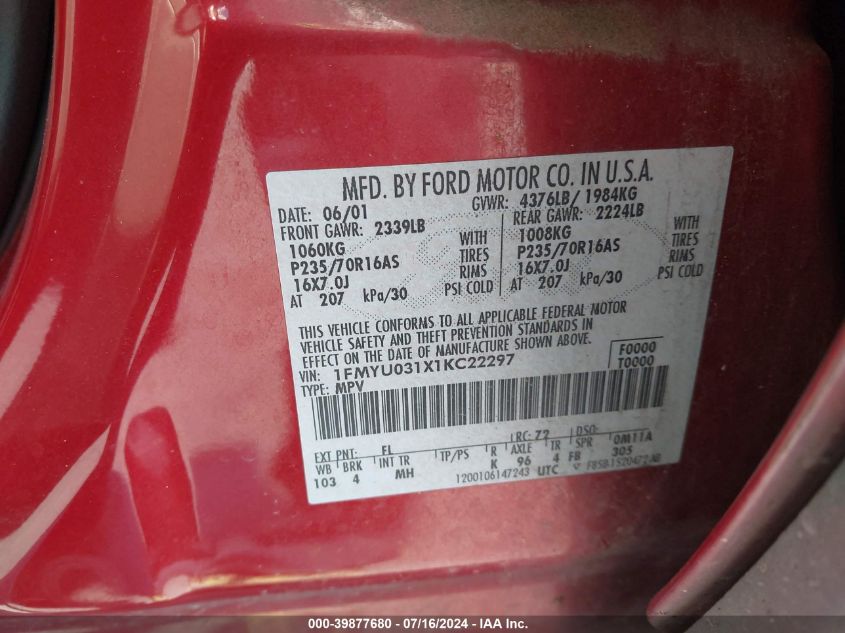 2001 Ford Escape Xlt VIN: 1FMYU031X1KC22297 Lot: 39877680