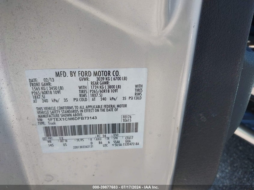 2013 Ford F-150 Xlt VIN: 1FTEX1CM6DFB73143 Lot: 39877683