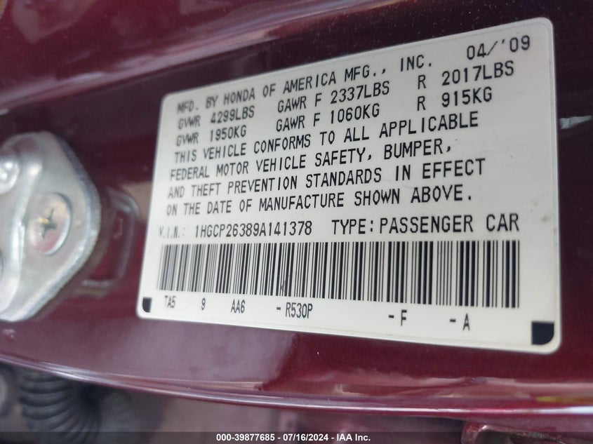 2009 Honda Accord 2.4 Lx VIN: 1HGCP26389A141378 Lot: 39877685
