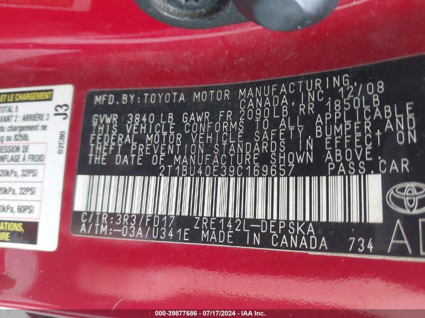 2009 Toyota Corolla S/Le/Xle VIN: 2T1BU40E39C169657 Lot: 39877686