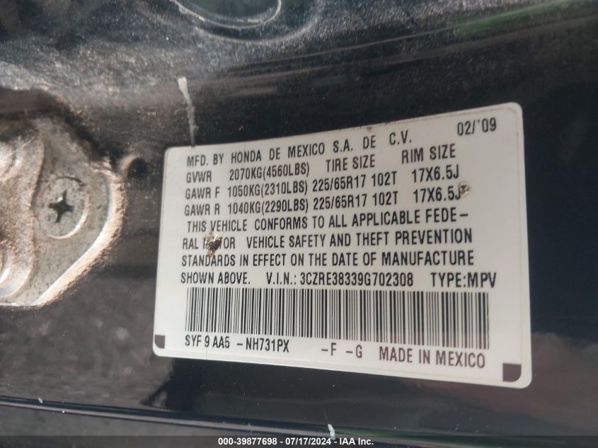 2009 Honda Cr-V Lx VIN: 3CZRE38339G702308 Lot: 39877698