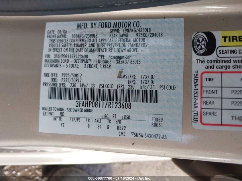 2007 Ford Fusion Sel VIN: 3FAHP08117R123608 Lot: 39877700