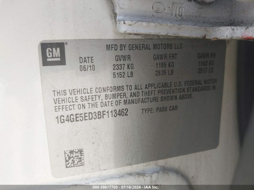 2011 Buick Lacrosse Cxs VIN: 1G4GE5ED3BF113462 Lot: 39877703