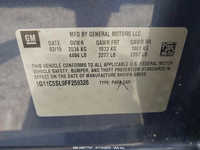2015 Chevrolet Malibu 1Lt VIN: 1G11C5SL9FF259326 Lot: 39877707