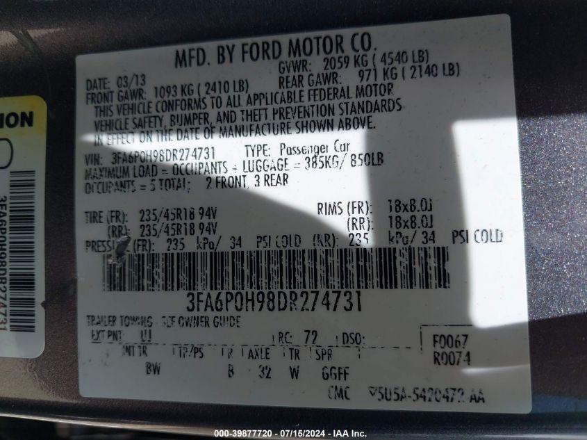 2013 Ford Fusion Se VIN: 3FA6P0H98DR274731 Lot: 39877720