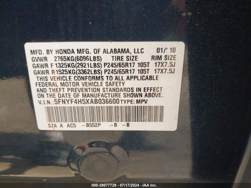 2010 Honda Pilot Ex-L VIN: 5FNYF4H5XAB036600 Lot: 39877729