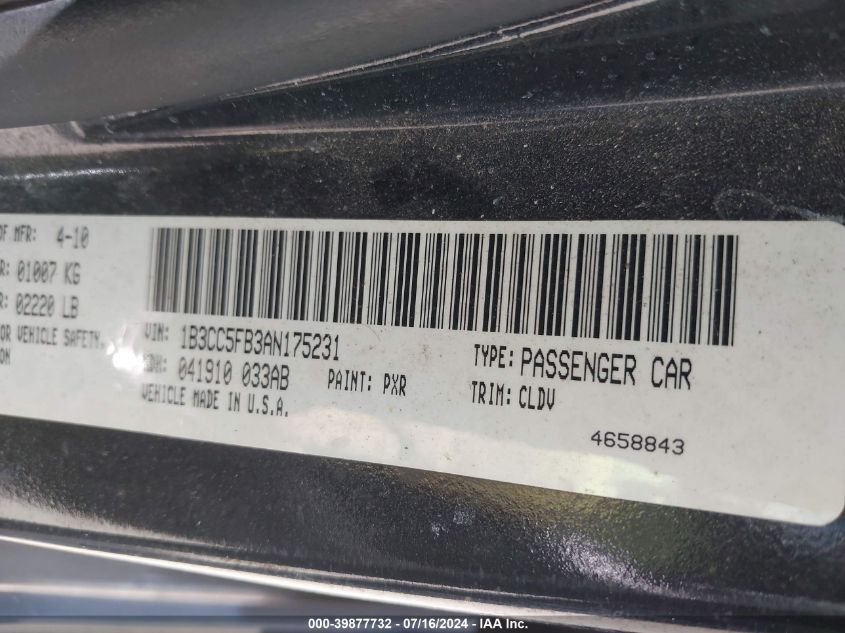 2010 Dodge Avenger R/T VIN: 1B3CC5FB3AN175231 Lot: 39877732