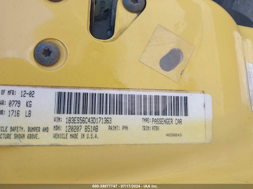 2003 Dodge Neon Sxt VIN: 1B3ES56C43D171363 Lot: 39877747