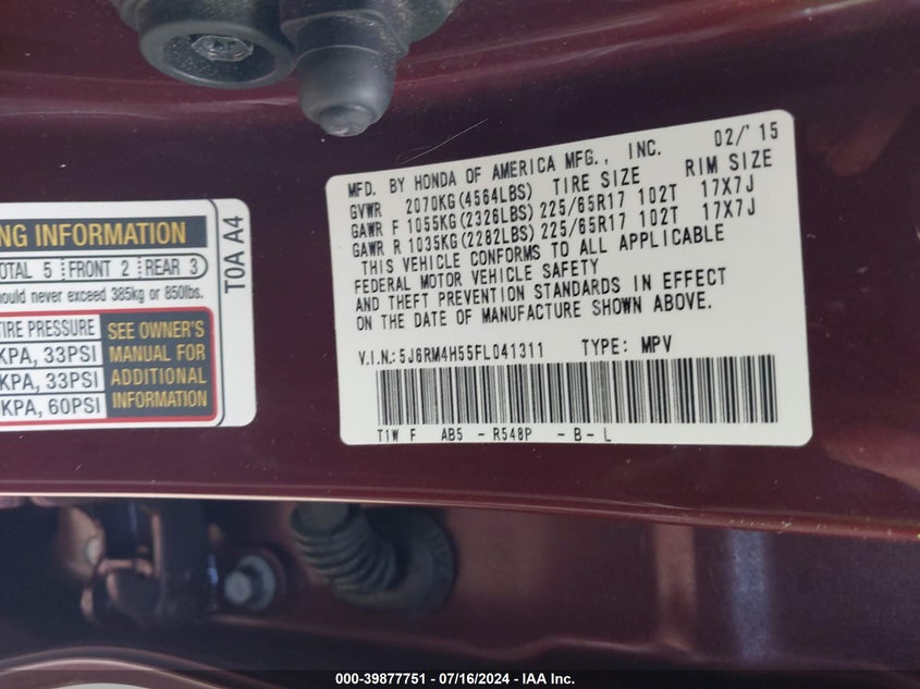 2015 Honda Cr-V Ex VIN: 5J6RM4H55FL041311 Lot: 39877751