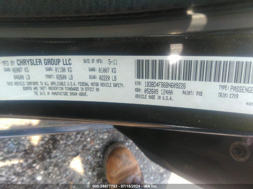 2011 Dodge Avenger Express VIN: 1B3BD4FB6BN609226 Lot: 39877753