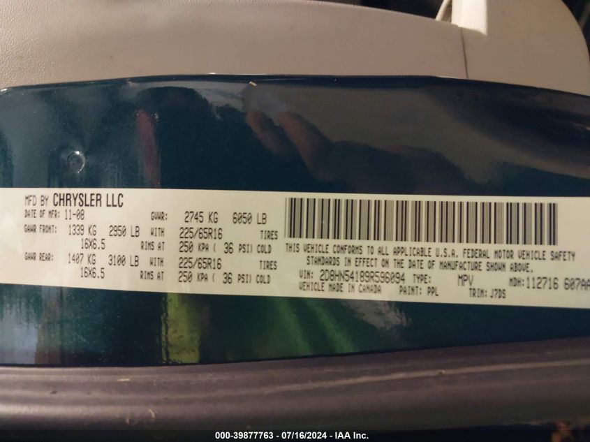 2009 Dodge Grand Caravan Sxt VIN: 2D8HN54189R596094 Lot: 39877763