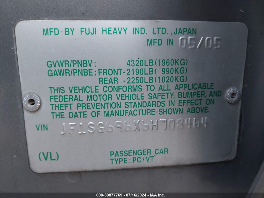 2006 Subaru Forester 2.5Xt VIN: JF1SG696X6H708464 Lot: 39877769