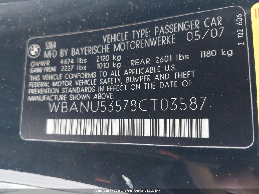 2008 BMW 528I I VIN: WBANU53578CT03587 Lot: 39877770