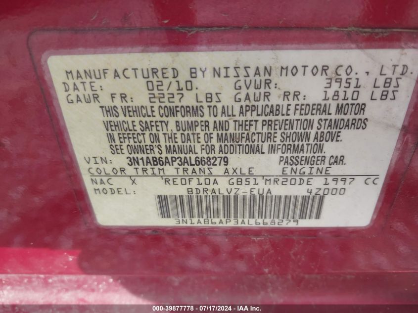 2010 Nissan Sentra 2.0/2.0S/Sr/2.0Sl VIN: 3N1AB6AP3AL668279 Lot: 39877778