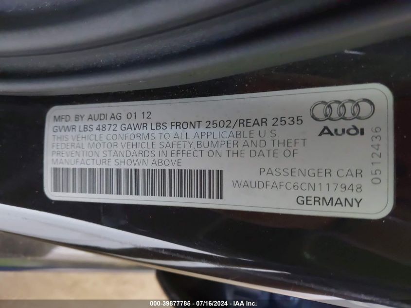 WAUDFAFC6CN117948 2012 Audi A6 2.0T Premium