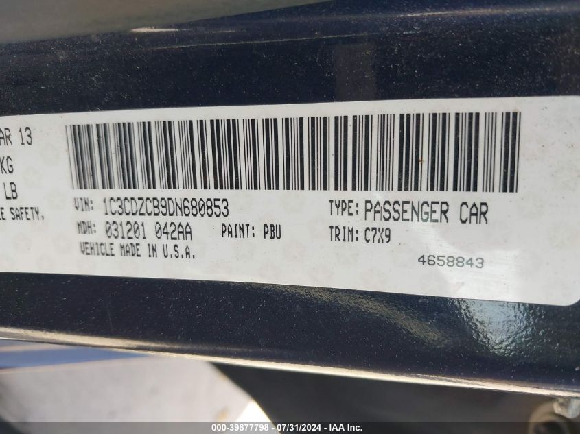 2013 Dodge Avenger Sxt VIN: 1C3CDZCB9DN680853 Lot: 39877798