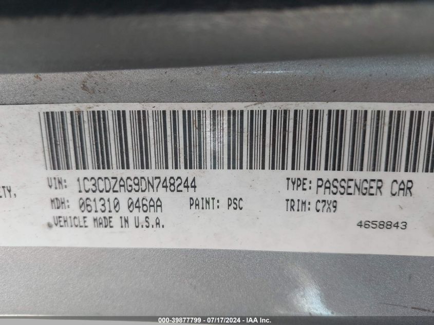 2013 Dodge Avenger Se VIN: 1C3CDZAG9DN748244 Lot: 39877799