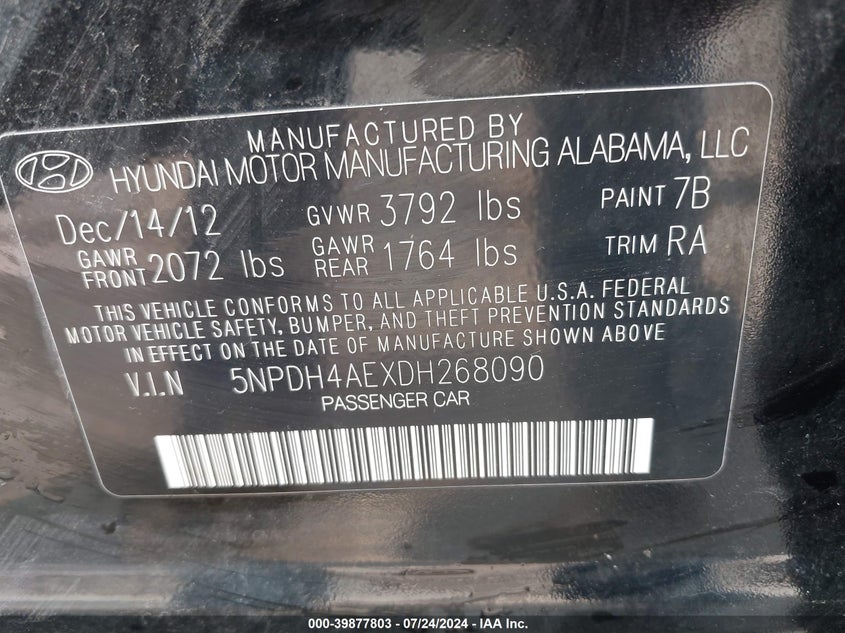 2013 Hyundai Elantra Gls VIN: 5NPDH4AEXDH268090 Lot: 39877803