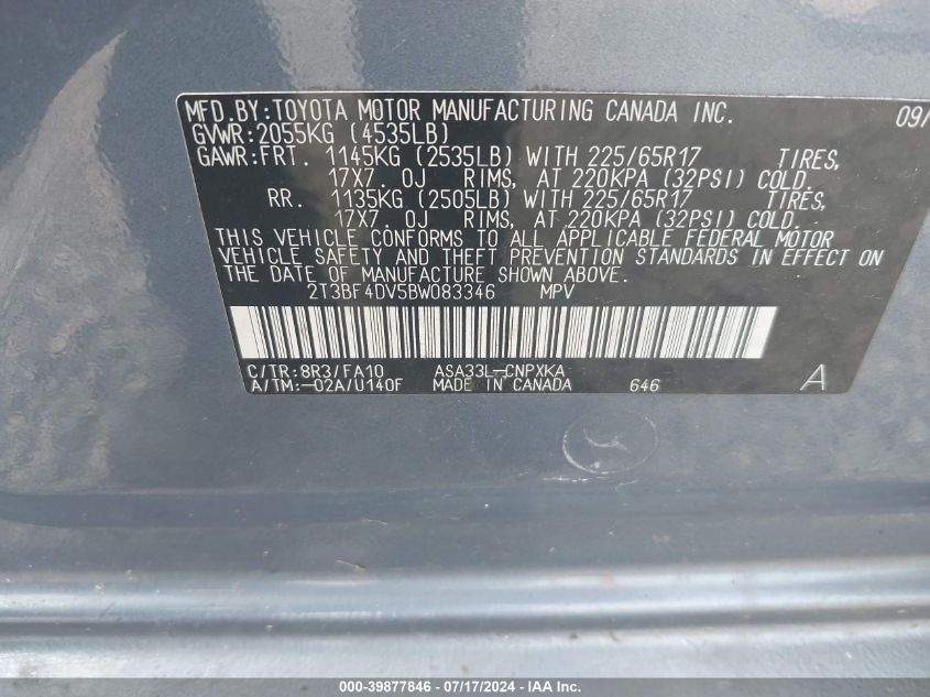 2011 Toyota Rav4 VIN: 2T3BF4DV5BW083346 Lot: 39877846