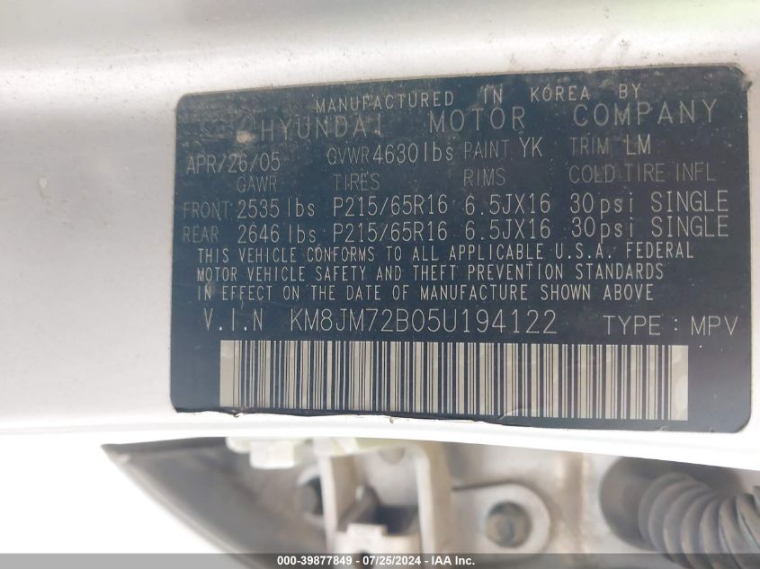 2005 Hyundai Tucson Gl VIN: KM8JM72B05U194122 Lot: 39877849