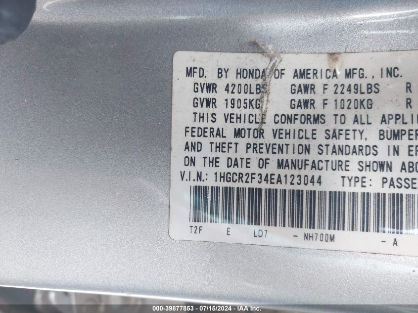 1HGCR2F34EA123044 | 2014 HONDA ACCORD