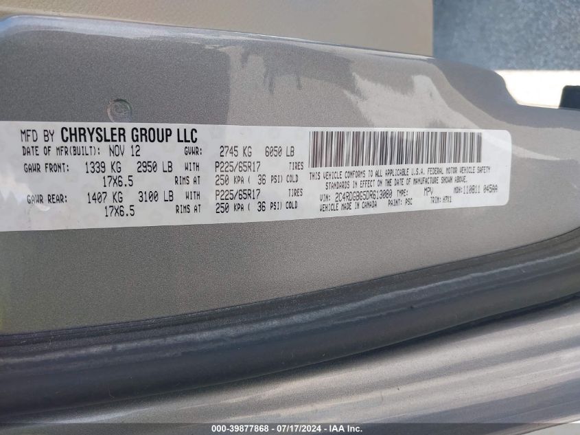 2013 Dodge Grand Caravan Se VIN: 2C4RDGBG5DR613080 Lot: 39877868