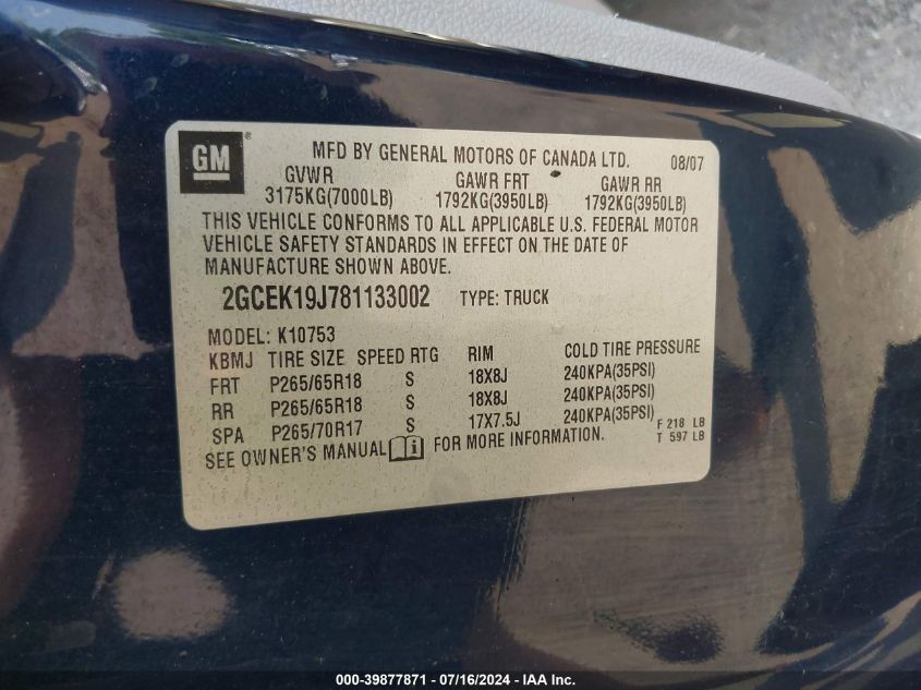 2008 Chevrolet Silverado 1500 Lt1 VIN: 2GCEK19J781133002 Lot: 39877871