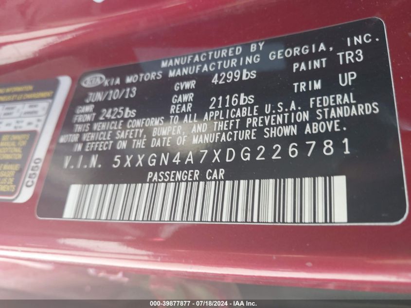 2013 Kia Optima Ex VIN: 5XXGN4A7XDG226781 Lot: 39877877