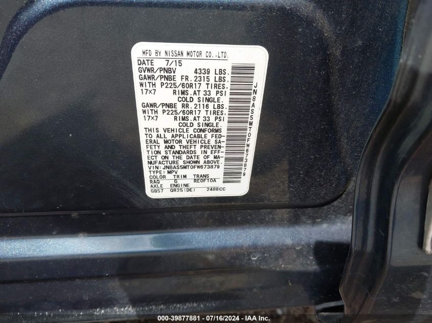 2015 Nissan Rogue Select S VIN: JN8AS5MT0FW673879 Lot: 39877881