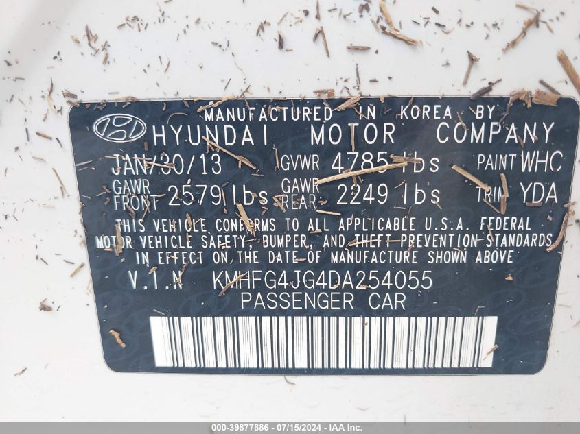 2013 Hyundai Azera VIN: KMHFG4JG4DA254055 Lot: 39877886