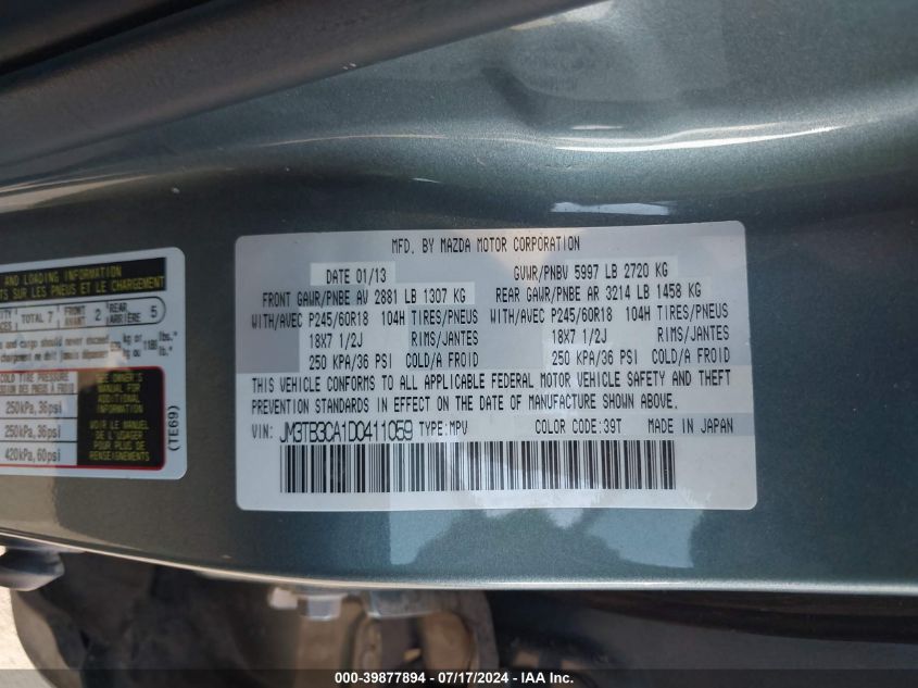 2013 Mazda Cx-9 Touring VIN: JM3TB3DA1D0411059 Lot: 39877894