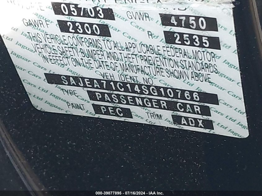2004 Jaguar Xj Xj8 VIN: SAJEA71C14SG10766 Lot: 39877895
