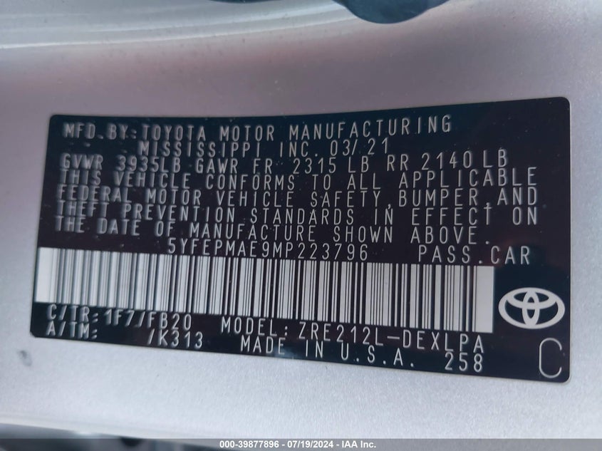 2021 TOYOTA COROLLA 1.8L I-4 DOHC, VVT, (VIN: 5YFEPMAE9MP223796