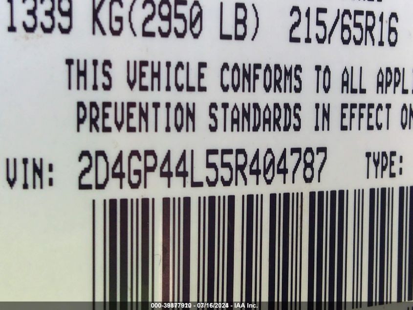 2005 Dodge Grand Caravan Sxt VIN: 2D4GP44L55R404787 Lot: 39877910