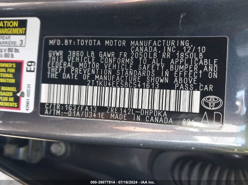 2011 Toyota Matrix VIN: 2T1KU4EE5BC541613 Lot: 39877914