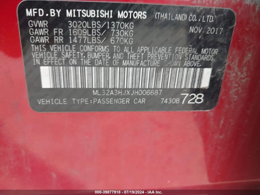 2018 Mitsubishi Mirage Es VIN: ML32A3HJXJH006687 Lot: 39877918